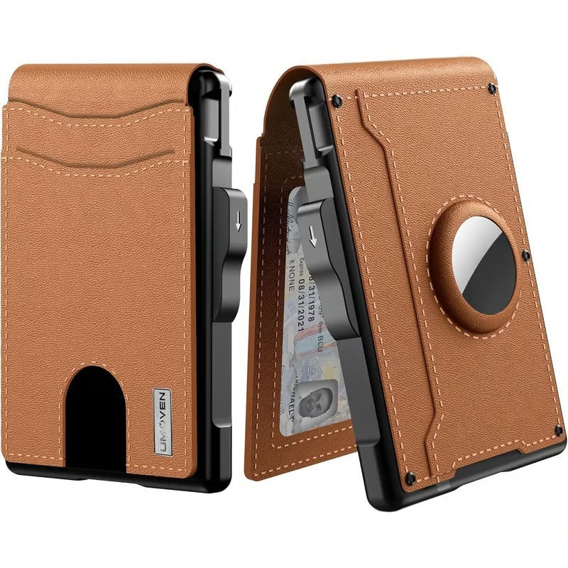 Brown pop-up bifold wallet with aluminum frame and AirTag slot.